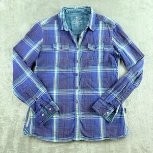 Kuhl Shirt Womens Small Blue Green Plaid Button Up Casual Outdoor Camping Hiking